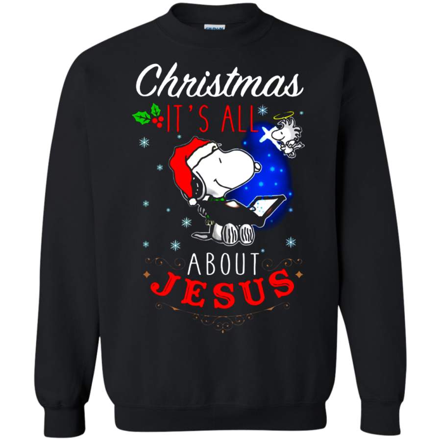 AGR Christmas It_s All About Jesus Woodstock And Snoopy Sweatshirt