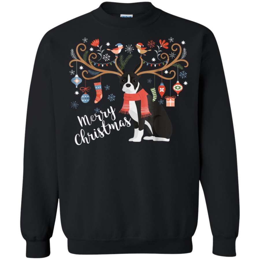 AGR Boston Terrier Dog Christmas Reindeer Dog Shirt G180 Gildan Crewneck Pullover Sweatshirt 8 oz.