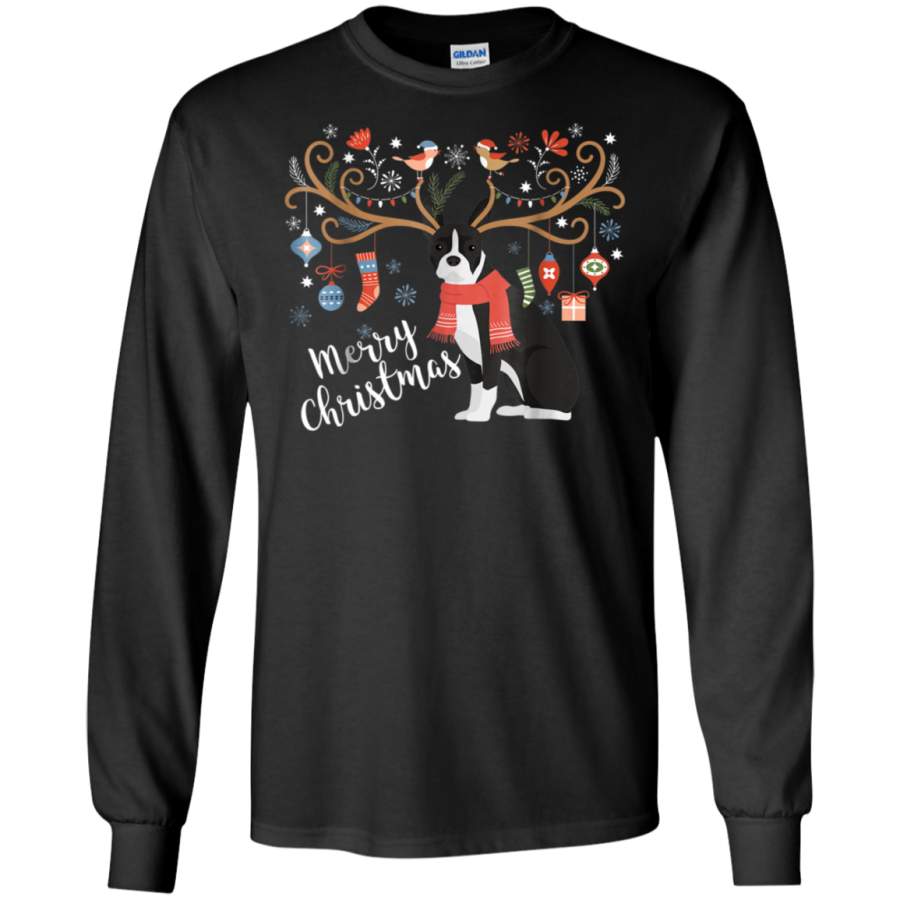 AGR Boston Terrier Dog Christmas Reindeer Dog Shirt G240 Gildan LS Ultra Cotton T-Shirt