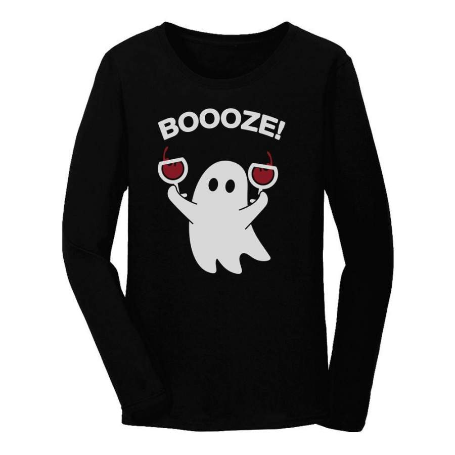 Booze Ghost Boo Halloween Party Wine Lovers Women Long Sleeve T-Shirt