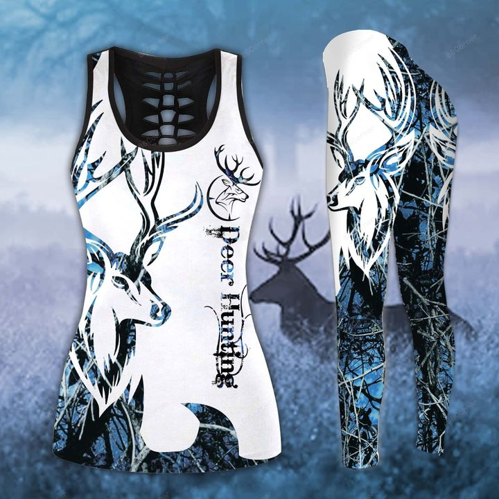 Blue Neon Deer Hunting Legging And Hollow Out Tank Top Set Outfit For Women | Adult | Lgs1093