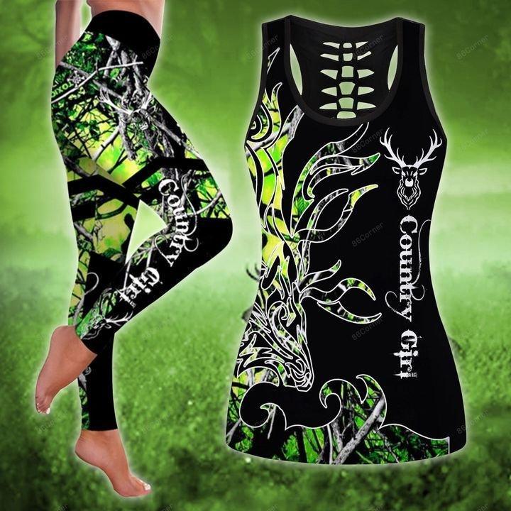 Deer Hunting Green Country Girl On Black Legging And Hollow Out Tank Top Set Outfit For Women | Adult | Lgs1083