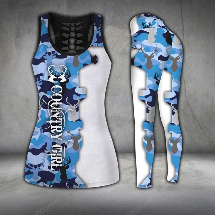 Blue Hunting Deer Legging And Hollow Out Tank Top Set Outfit For Women | Adult | Lgs1076