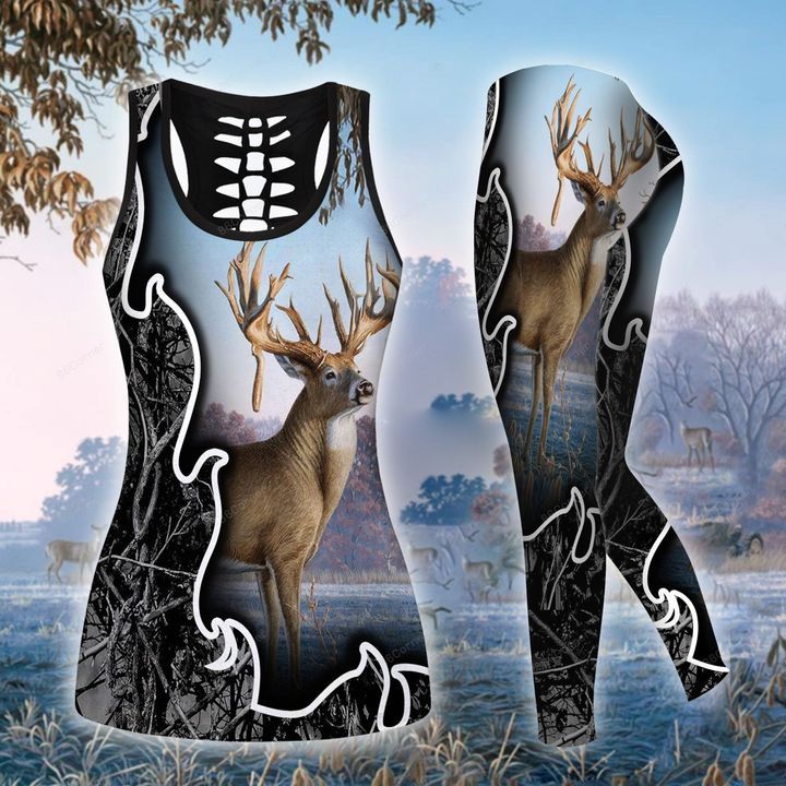 Blue Hunting Deer Legging And Hollow Out Tank Top Set Outfit For Women | Adult | Lgs1074