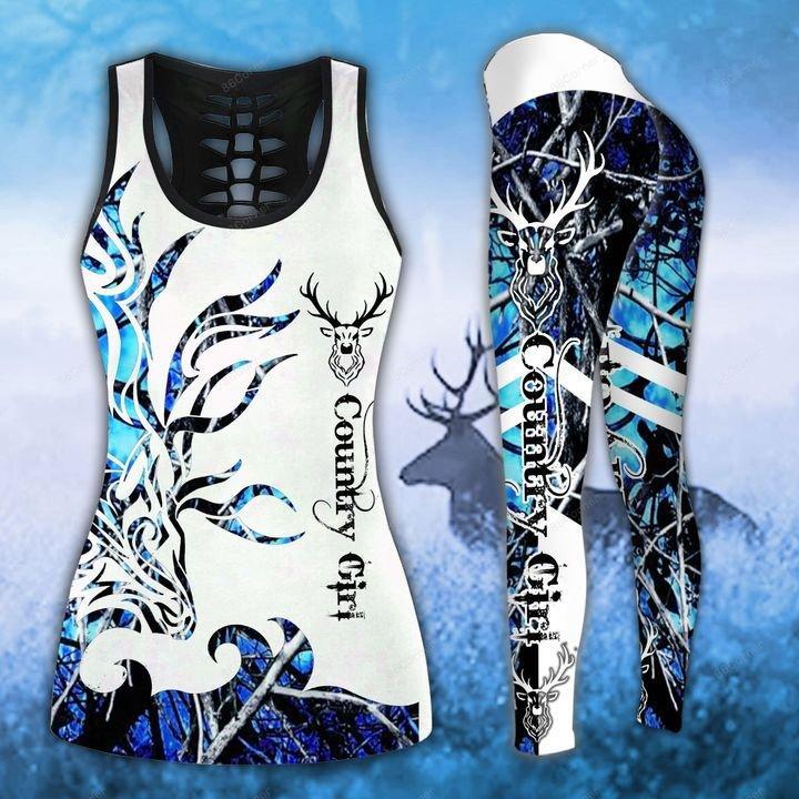 Deer Hunting Blue Country Girl On White Legging And Hollow Out Tank Top Set Outfit For Women | Adult | Lgs1072