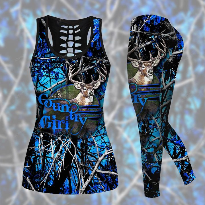 Hunting Deer Black And Blue Legging And Hollow Out Tank Top Set Outfit For Women | Adult | Lgs1071