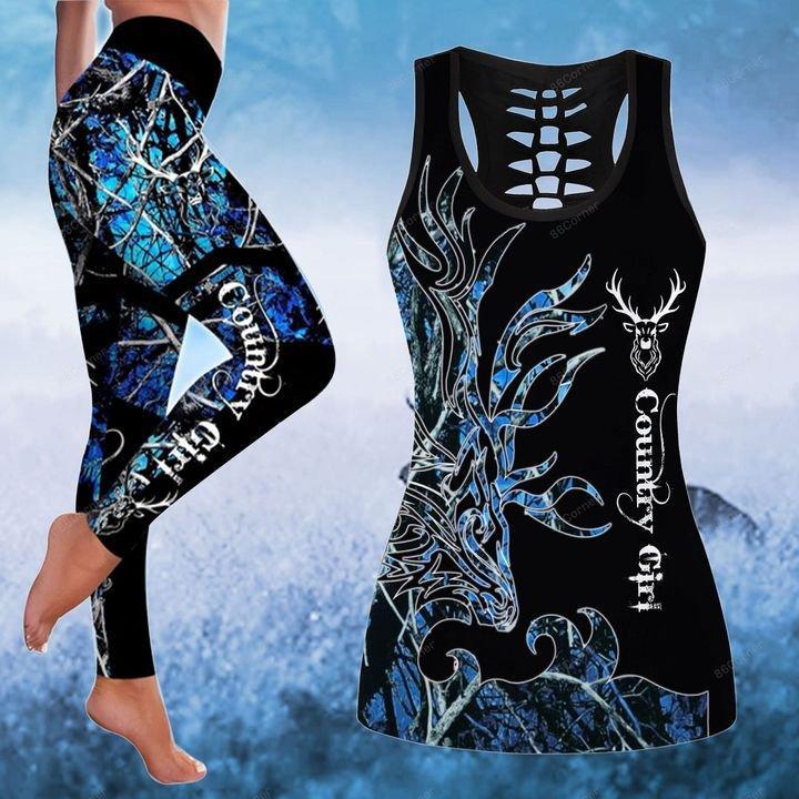 Deer Hunting Blue Country Girl Legging And Hollow Out Tank Top Set Outfit For Women | Adult | Lgs1070