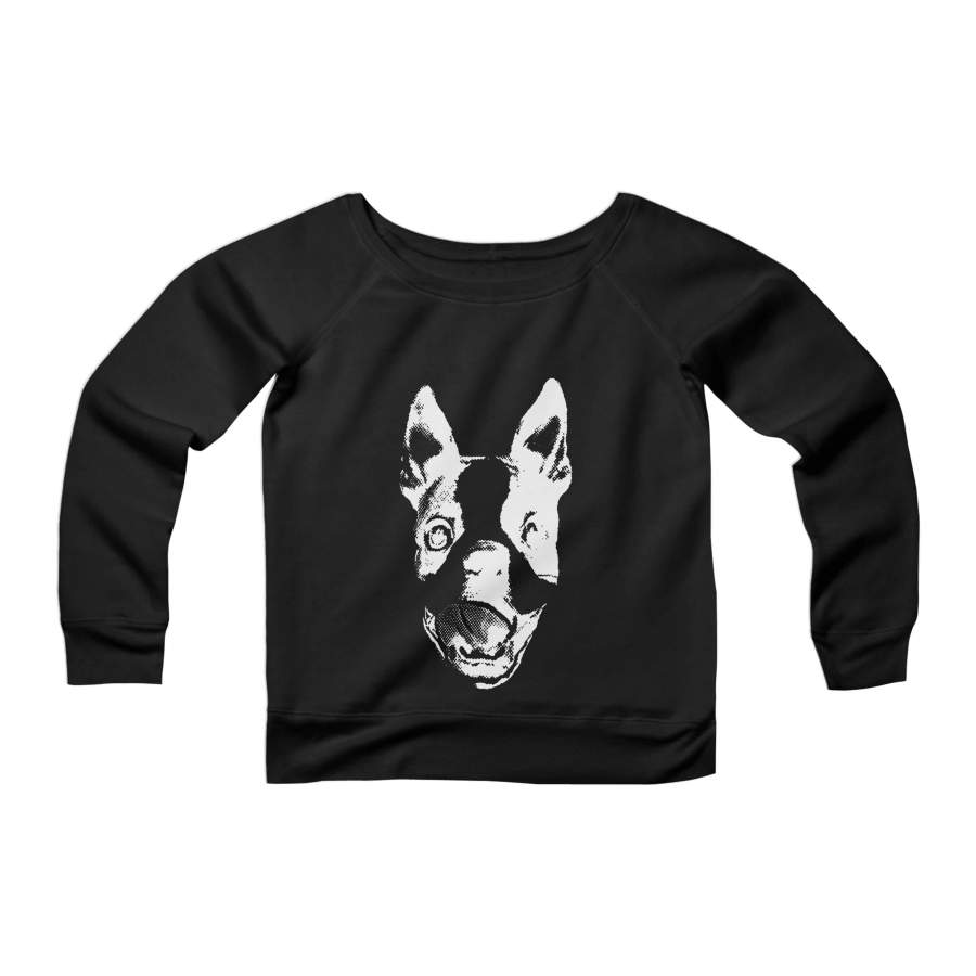 Boston Terrier Puppy Graphic Dog Clevotine CPY Womans Wide Neck Sweatshirt Sweater