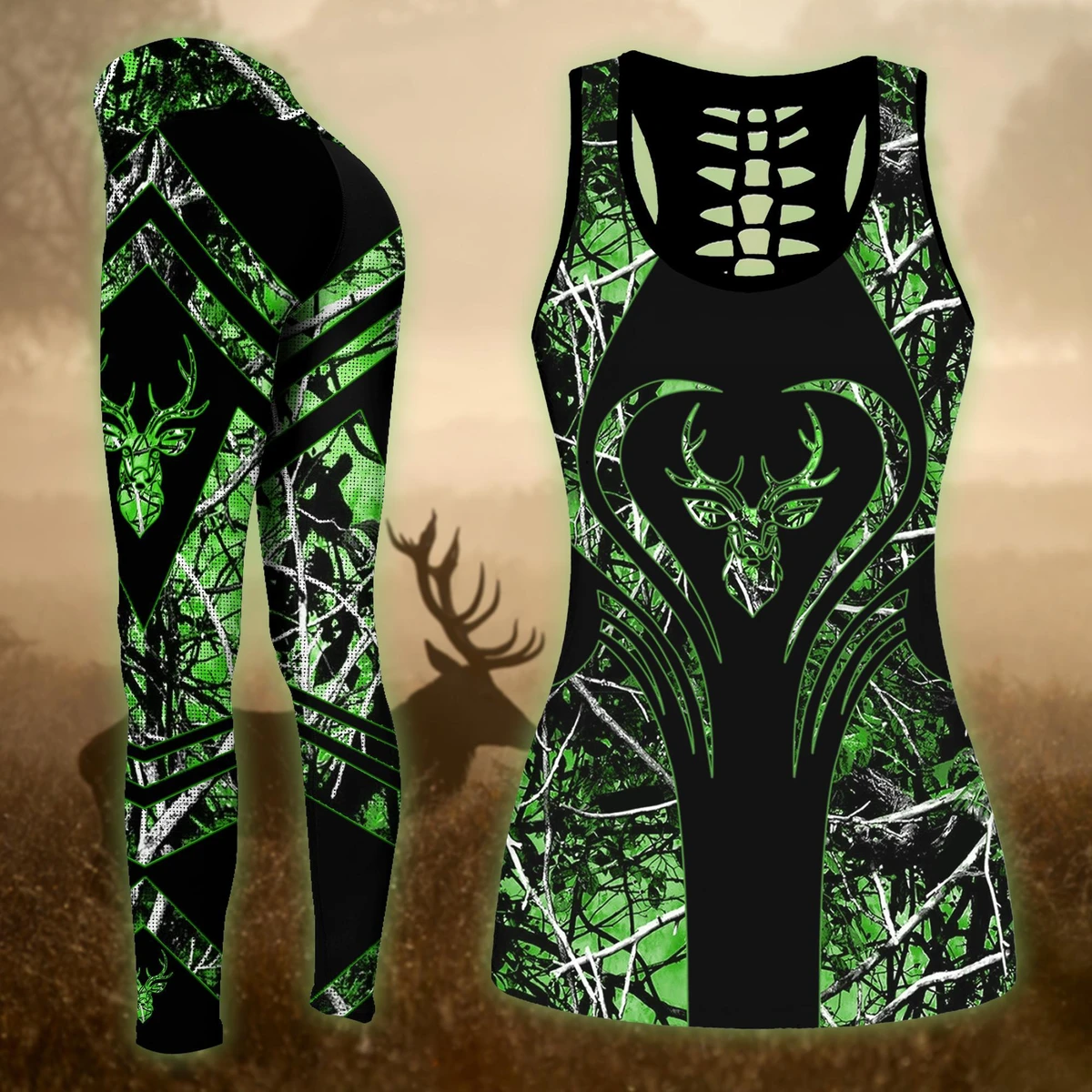 Deer Hunting Green Camo Legging And Hollow Out Tank Top Set Outfit For Women | Adult | Lgs1039