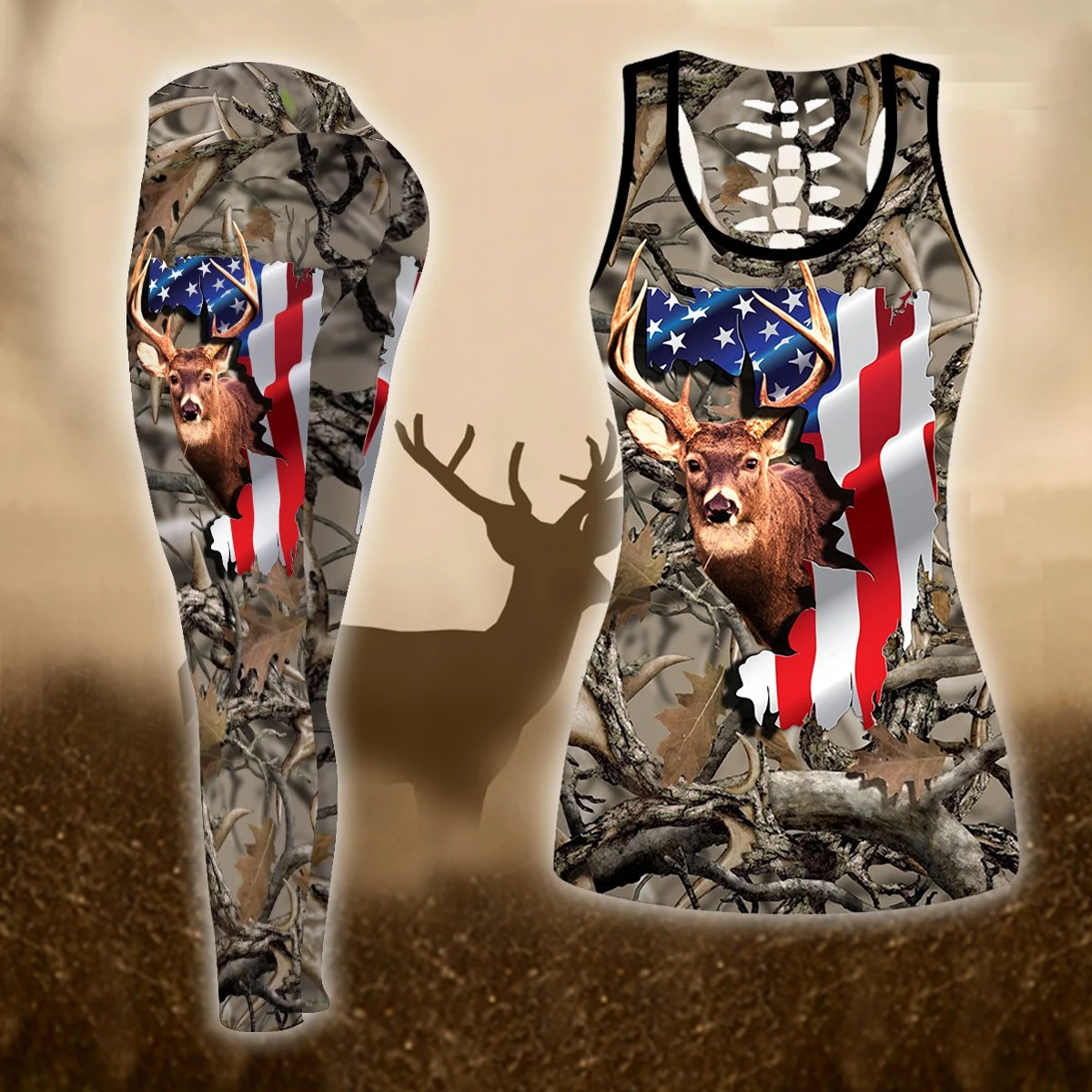 Deer Hunting Flag Legging And Hollow Out Tank Top Set Outfit For Women | Adult | Lgs1036