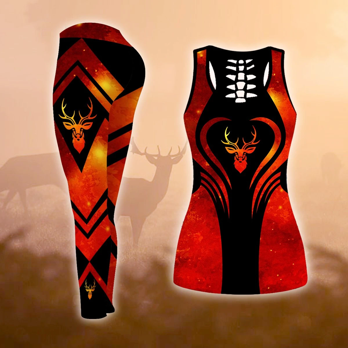 Deer Hunting Red Legging And Hollow Out Tank Top Set Outfit For Women | Adult | Lgs1035