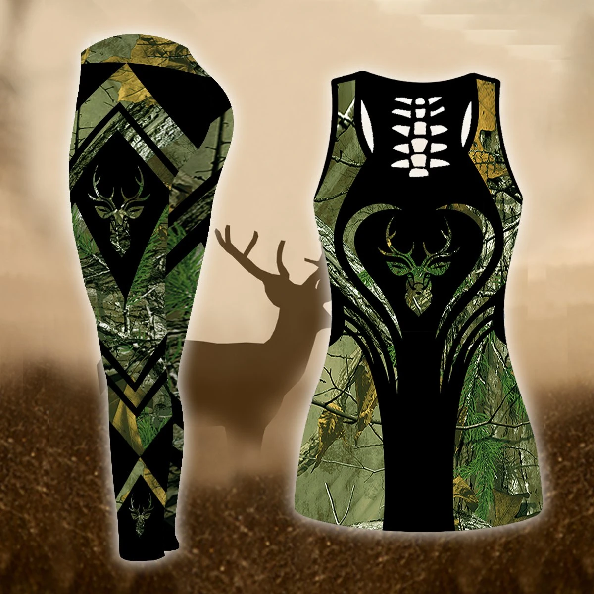 Deer Hunting Camouflage Legging And Hollow Out Tank Top Set Outfit For Women | Adult | Lgs1033