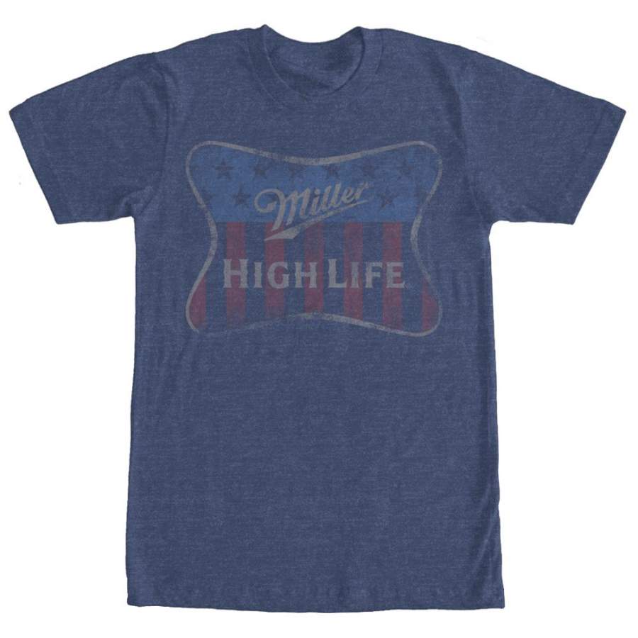 Beer Men’s Miller High Life American Flag T Shirt Navy Blue Heather