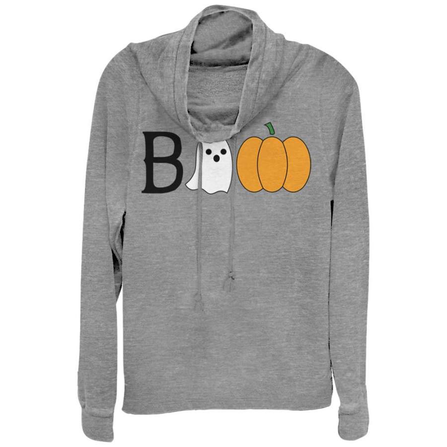 CHIN UP Junior’s Halloween Ghost and Pumpkin Boo Cowl Neck Sweatshirt Gray Heather S