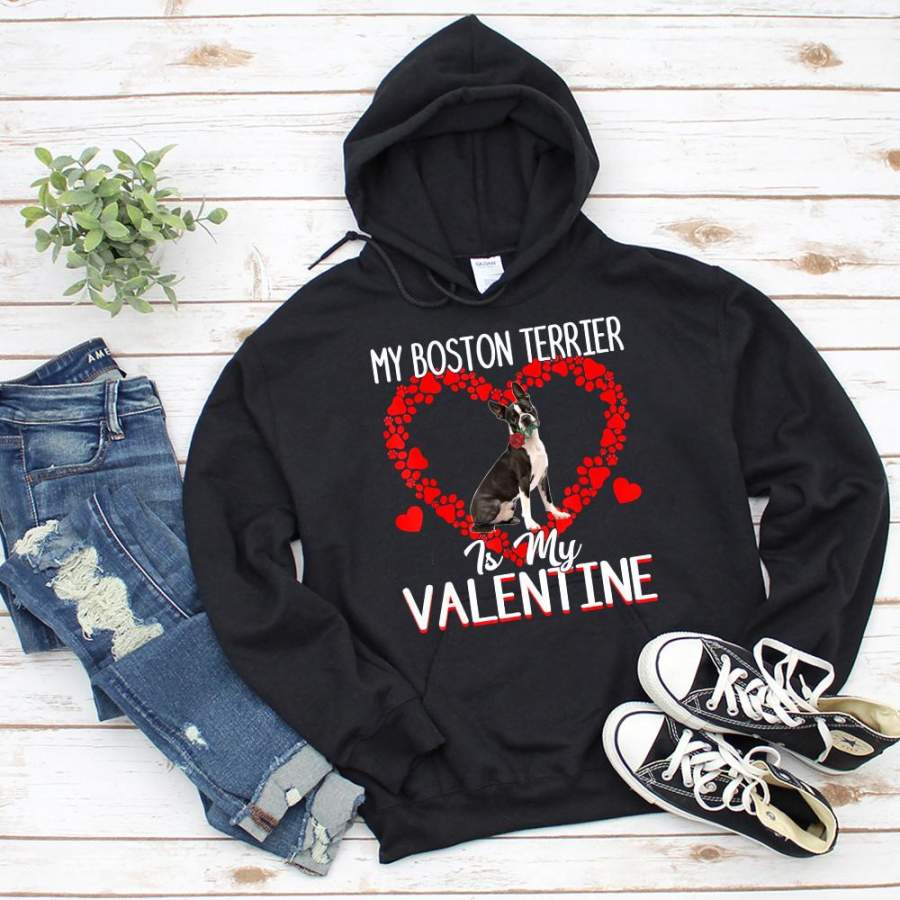 Cute paw heart my boston terrier is my valentine roses lovers great gift black hoodie for men and women S-5XL