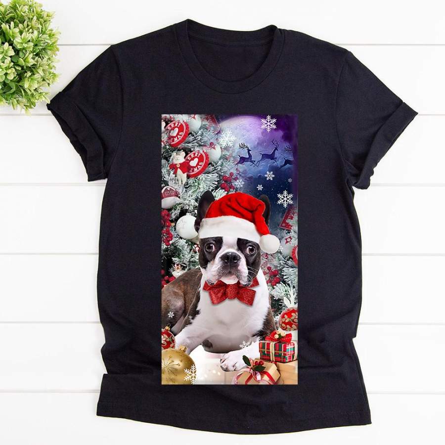 Boston terrier xmas gift cute terrier xmas tree gifts snow winter black cotton t shirt for men and women S-6XL