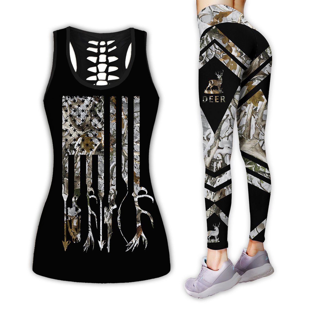 Hunting White Legging And Hollow Out Tank Top Set Outfit For Women | Full Size | Colorful | Lgs1239