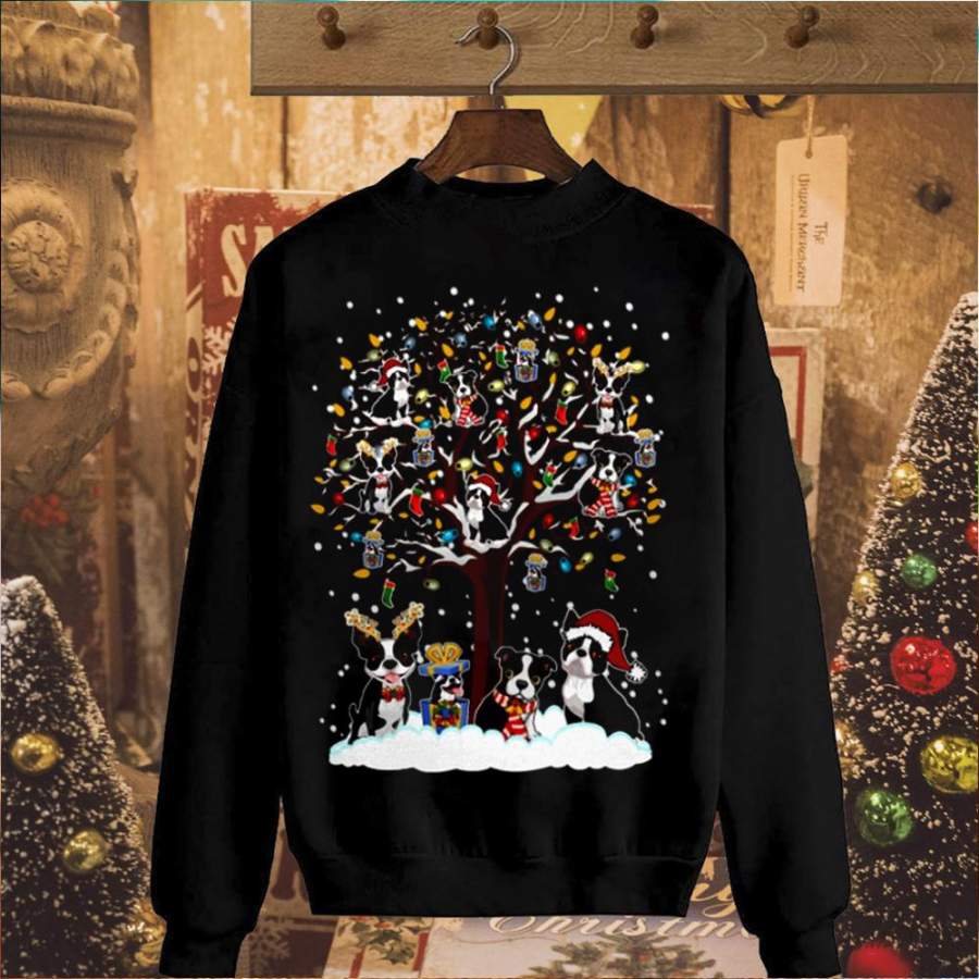 Boston terrier deer santa hat merry christmas tree snow winter sweatshirt for men and women S-5XL