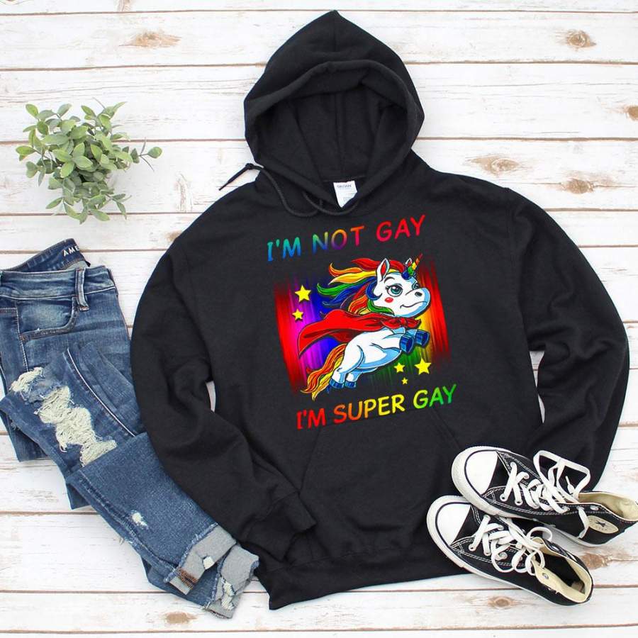 Cool unicorn i’m not gay i’m super gay colorful five star black hoodie for men and women S-5XL