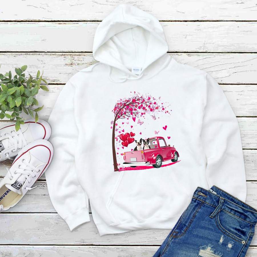 Christmas boston terrier couple pink truck heart cute butterfly lovely pink white hoodie for men and women S-5XL