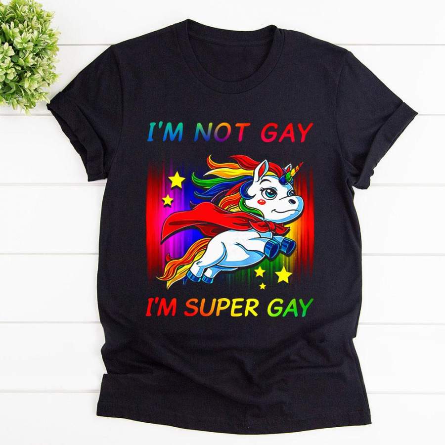 Cool unicorn i’m not gay i’m super gay colorful five star black cotton t shirt for men and women S-6XL