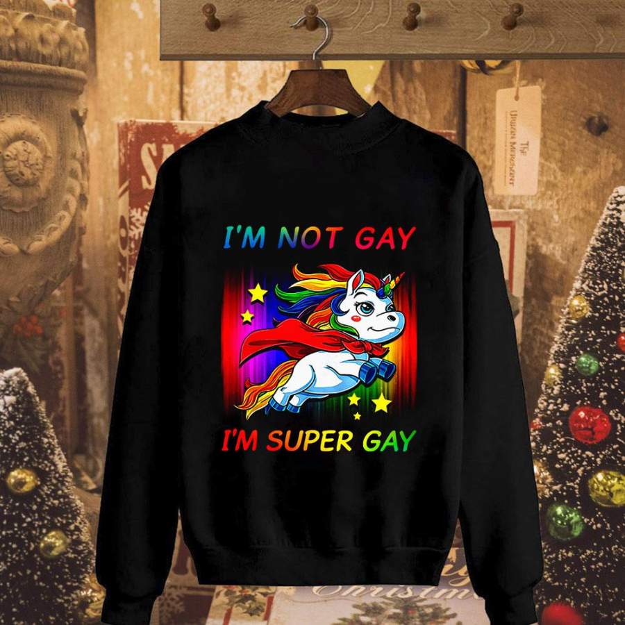 Cool unicorn i’m not gay i’m super gay colorful five star black sweatshirt for men and women S-5XL