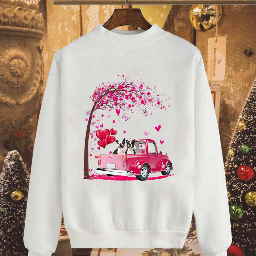 Christmas boston terrier couple pink truck heart cute butterfly lovely pink white sweatshirt for men and women S-5XL