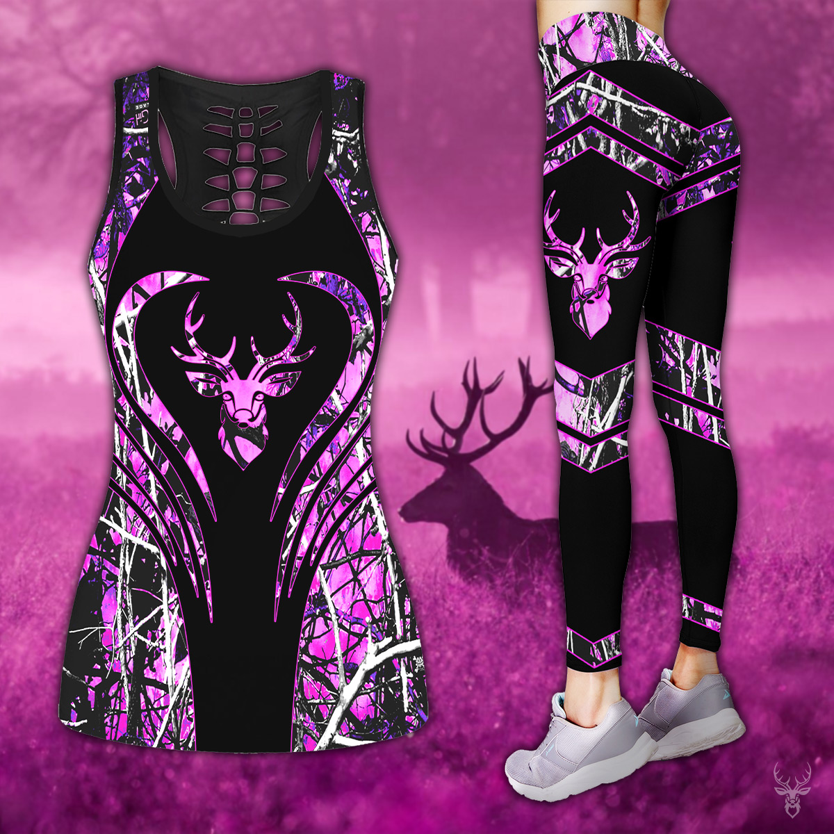 Deer Hunting Purple Legging And Hollow Out Tank Top Set Outfit For Women | Adult | Lgs1235