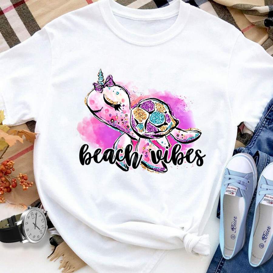 Beach vibes pink blink sea turtle girl painting turtle lovers white cotton t shirt for men and women S-6XL