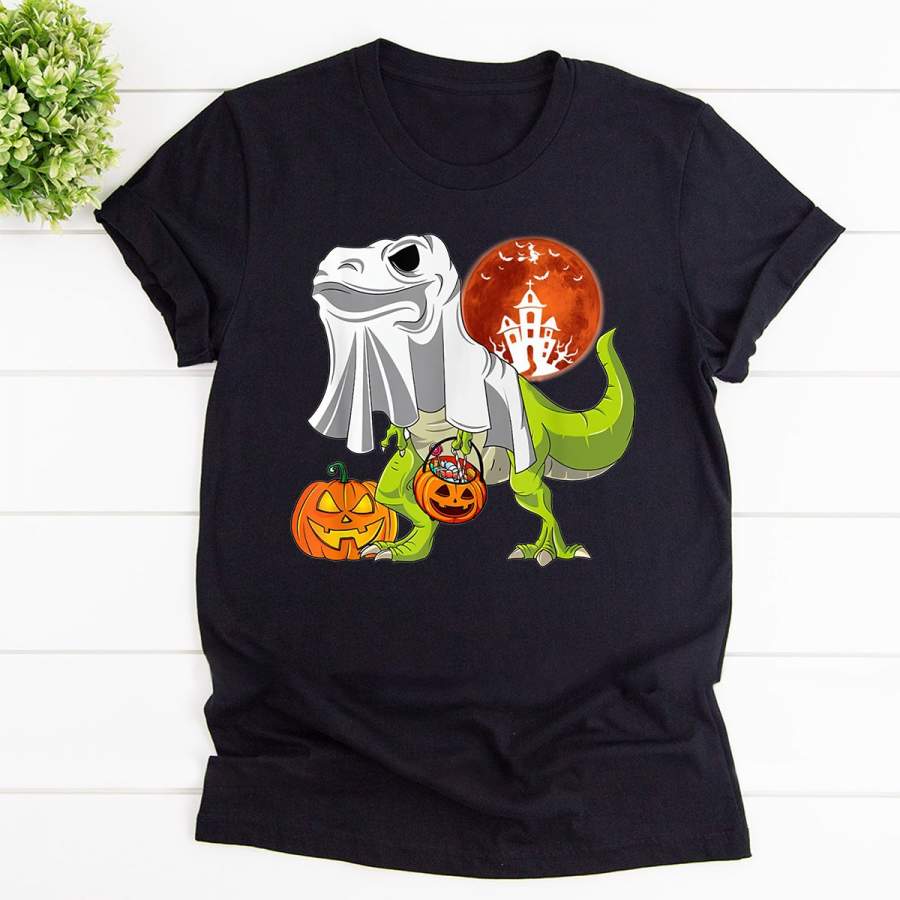 Dinosaurs ghost Halloween black cotton t shirt for men and women S-6XL