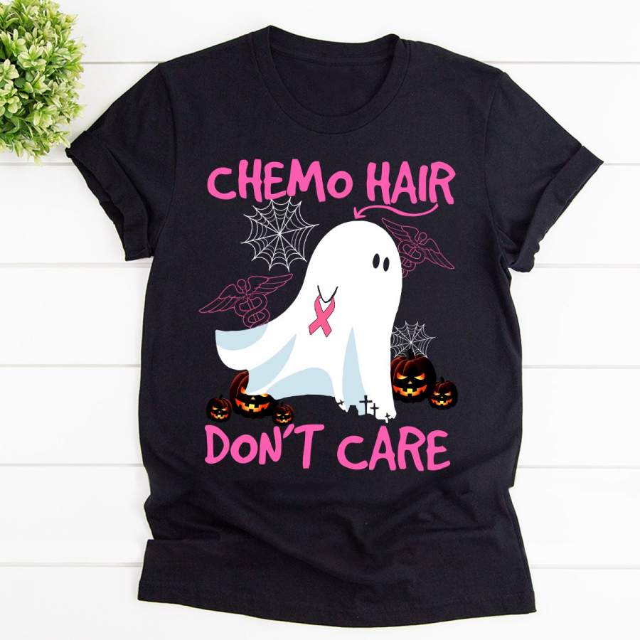 Chemo hair don??t care boo ghost Halloween breast cancer awareness black cotton t shirt for men and women S-6XL