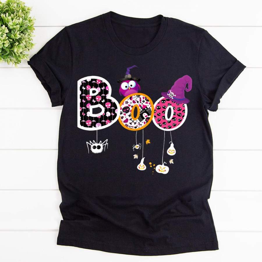 Boo Halloween costume spiders ghosts pumkin & witch hat black cotton t shirt for men and women S-6XL