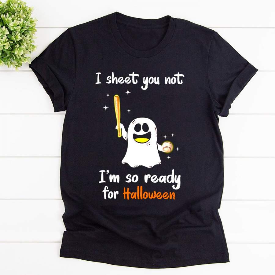 Baseball Ghost I’m So Ready For Halloween Gift Black Cotton T Shirt For Men and Women S-6XL