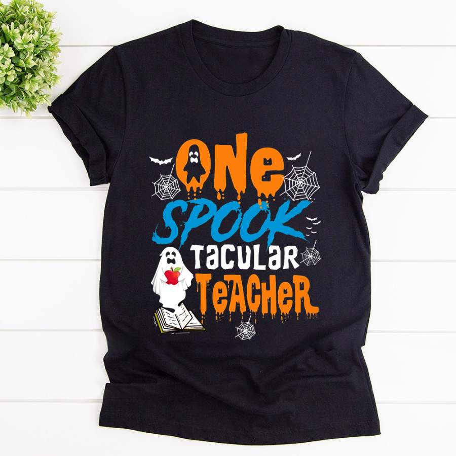 One spooktacular teacher happy halloween ghost black cotton t shirt for men and women S-6XL