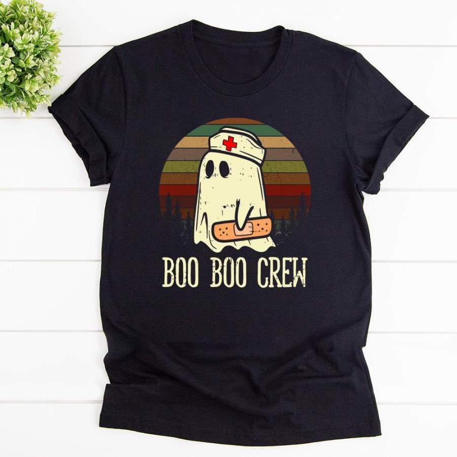 Boo boo crew ghost nurse retro halloween 2020 black cotton t shirt for men and women S-6XL