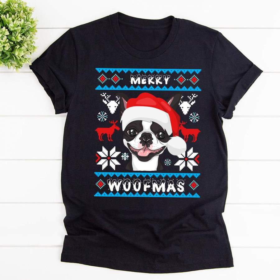 Boston terrier dog merry woofmas snow reindeer black cotton t shirt for men and women S-6XL