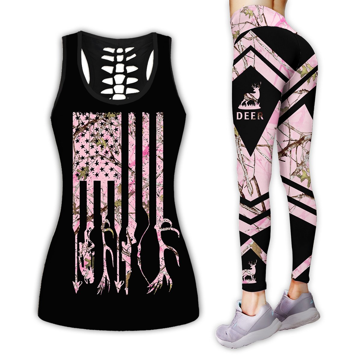 Hunting Pink Legging And Hollow Out Tank Top Set Outfit For Women | Adult | Lgs1243