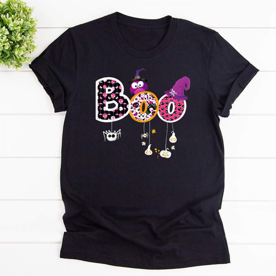 Boo Halloween Costume Spiders Ghosts Pumpkin & Witch Hat Halloween Gift Black Cotton T Shirt For Men and Women S-6XL