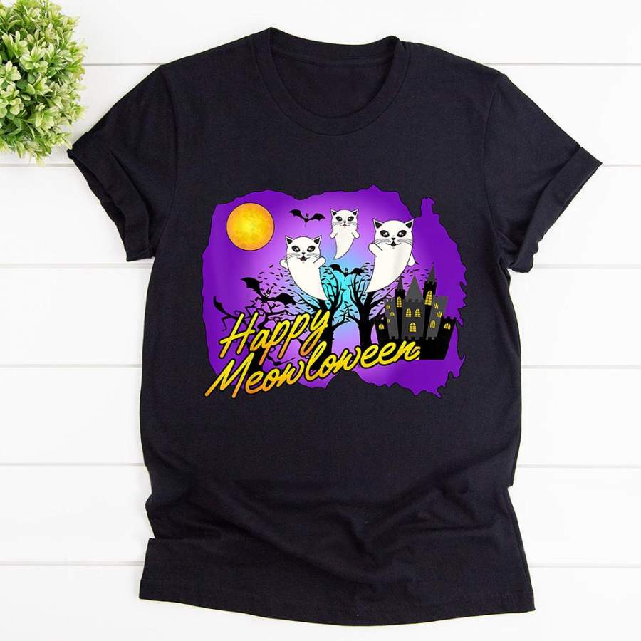 Cat Ghosts Happy Meowloween Halloween Gift Black Cotton T Shirt For Men and Women S-6XL