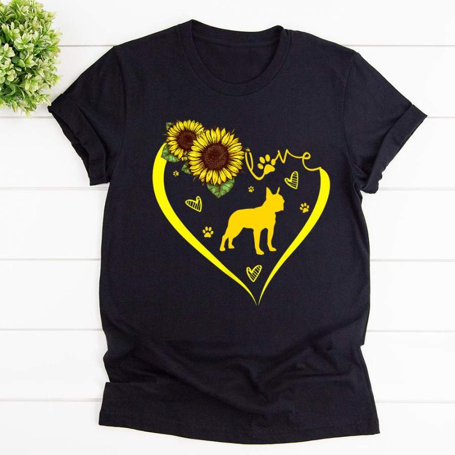 Boston terrier love sunflower dog lover black cotton t shirt for men and women S-6XL