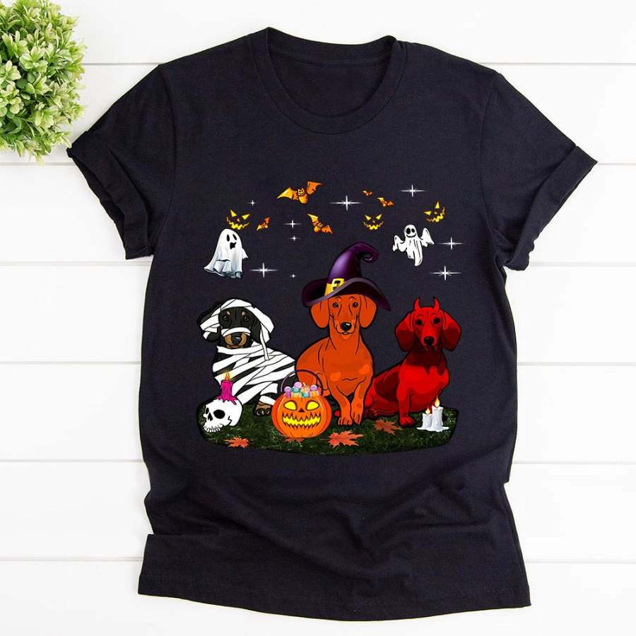 Dachshund Dogs Ghost Skull Halloween Gift Black Cotton T Shirt For Men and Women S-6XL