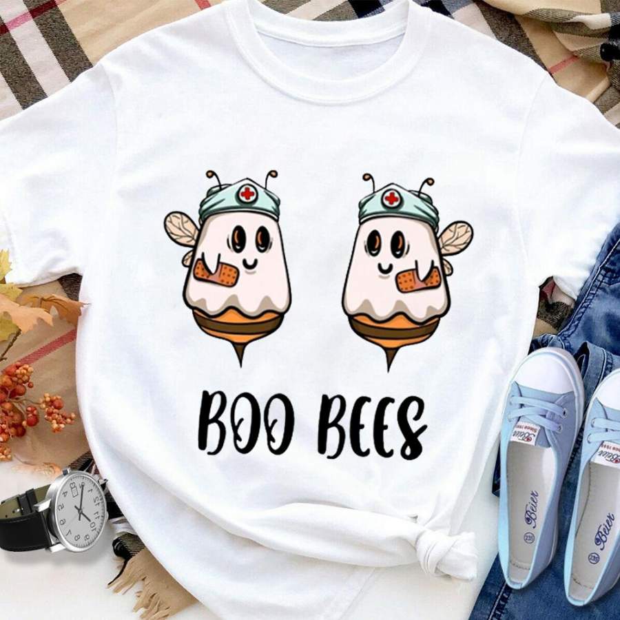 Boo bees nurse boo ghost halloween nursing white cotton t shirt for men and women S-6XL