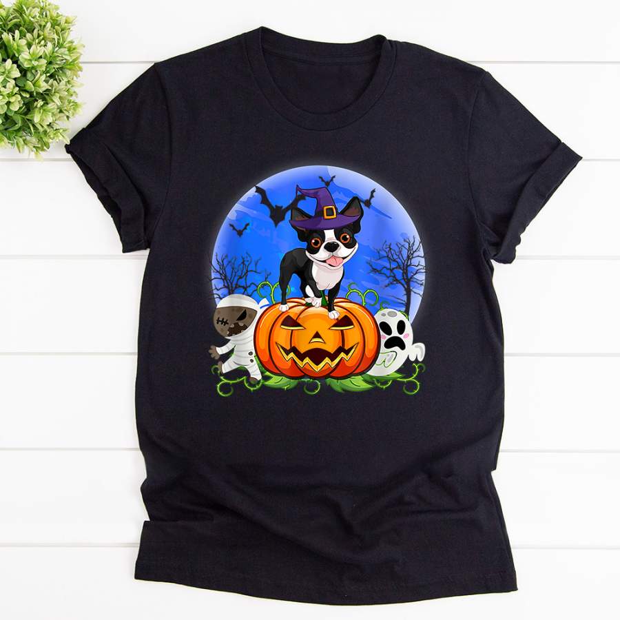 Boston terrier halloween costume scary halloween castle moon bat black cotton t shirt for men and women S-6XL