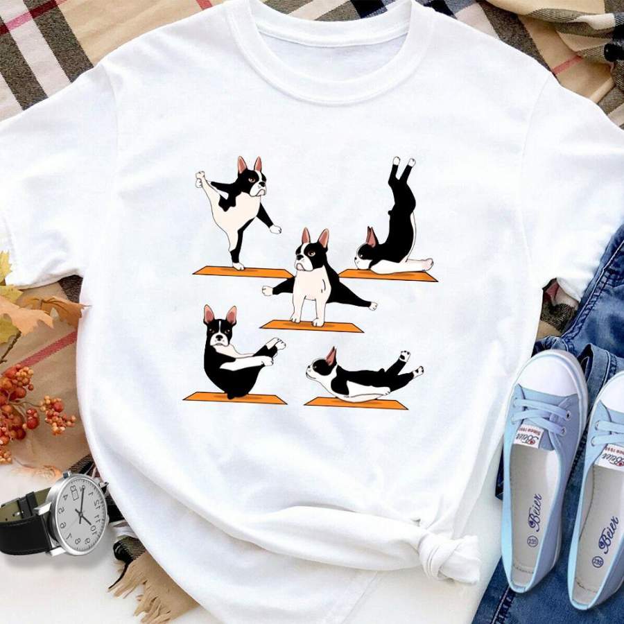 Boston Terrier Yoga White Cotton T Shirt For Men and Women S-6XL