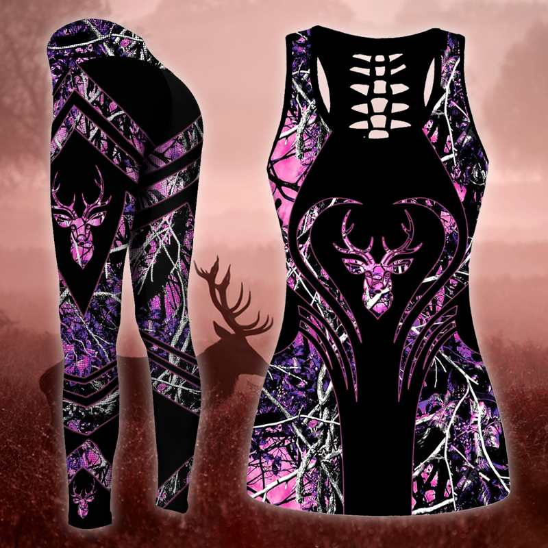 Deer Hunting Purple Legging And Hollow Out Tank Top Set Outfit For Women | Full Size | Adult | Colorful | Lgs1226