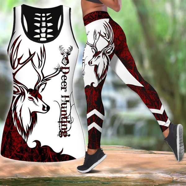 Deer Hunting Red Legging And Hollow Out Tank Top Set Outfit For Women | Full Size | Adult | Colorful | Lgs1228