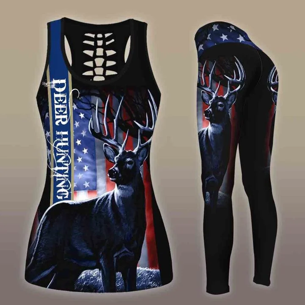 Deer Hunting Flag Legging And Hollow Out Tank Top Set Outfit For Women | Adult | Lgs1219