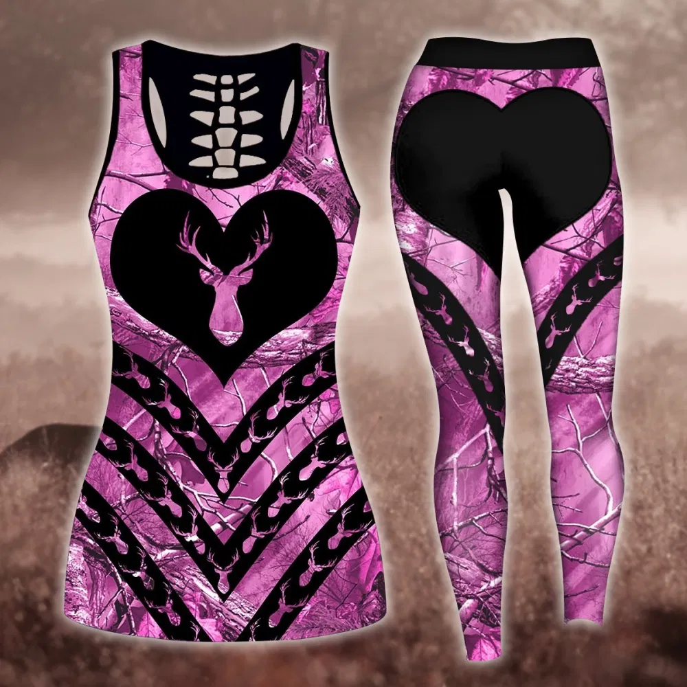 Deer Hunting Pink Legging And Hollow Out Tank Top Set Outfit For Women | Full Size | Adult | Colorful | Lgs1212