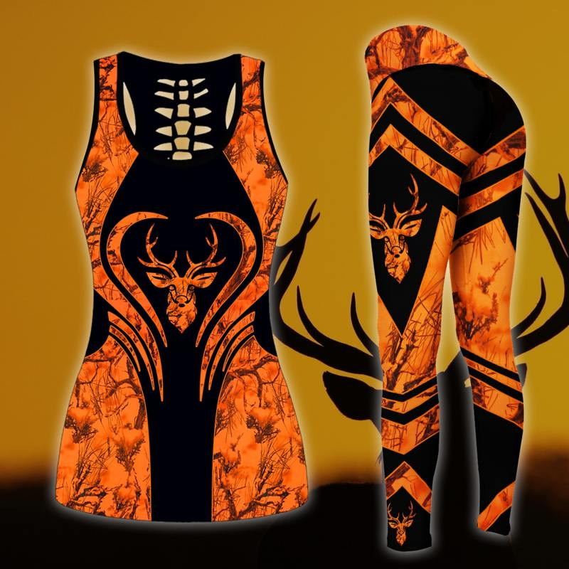 Hunting – Deer Camo Orange Legging And Hollow Out Tank Top Set Outfit For Women | Full Size | Adult | Colorful | Lgs1208