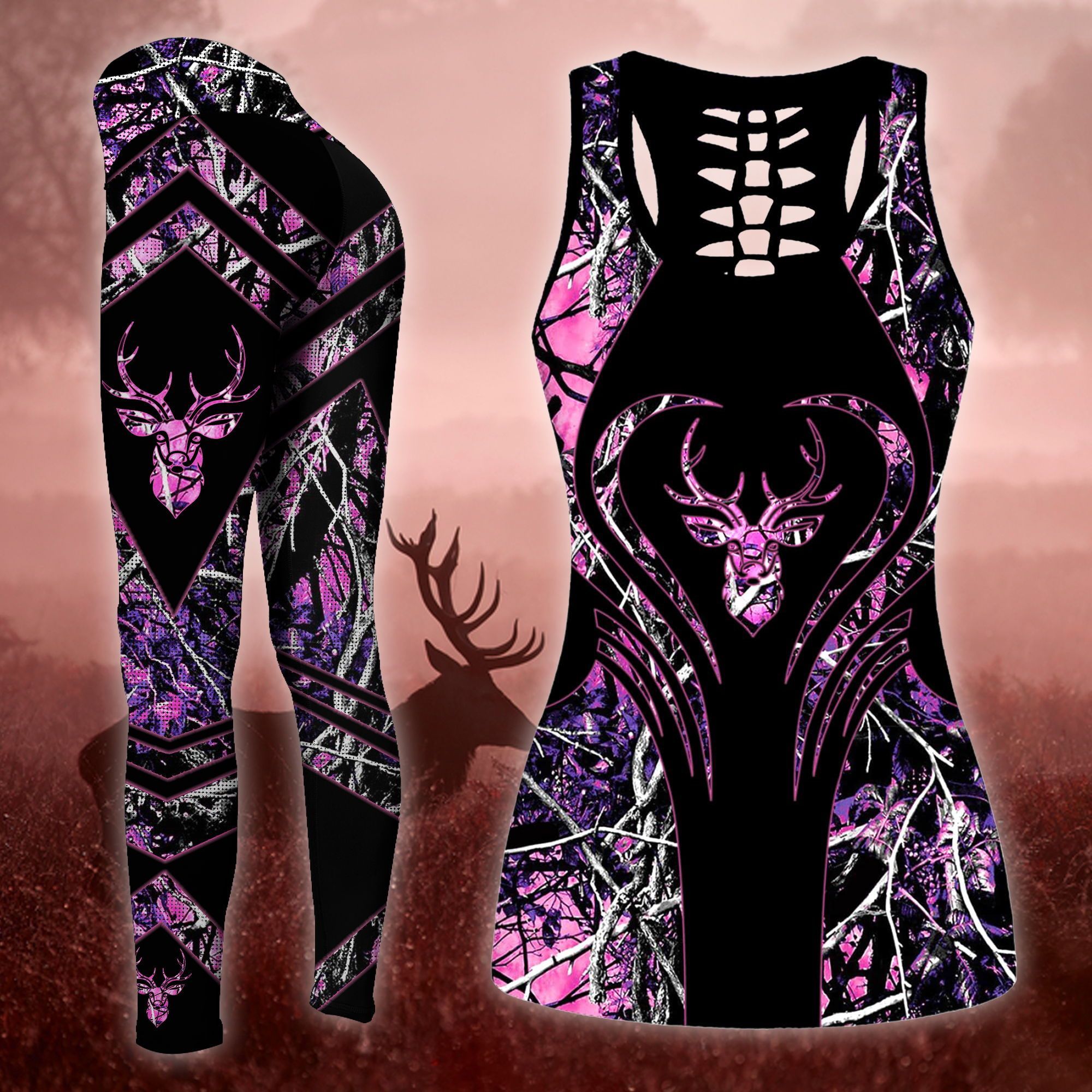 Hunting Purple Legging And Hollow Out Tank Top Set Outfit For Women | Adult | Lgs1249